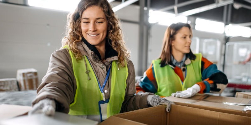 Order fulfilment center with workers packing orders